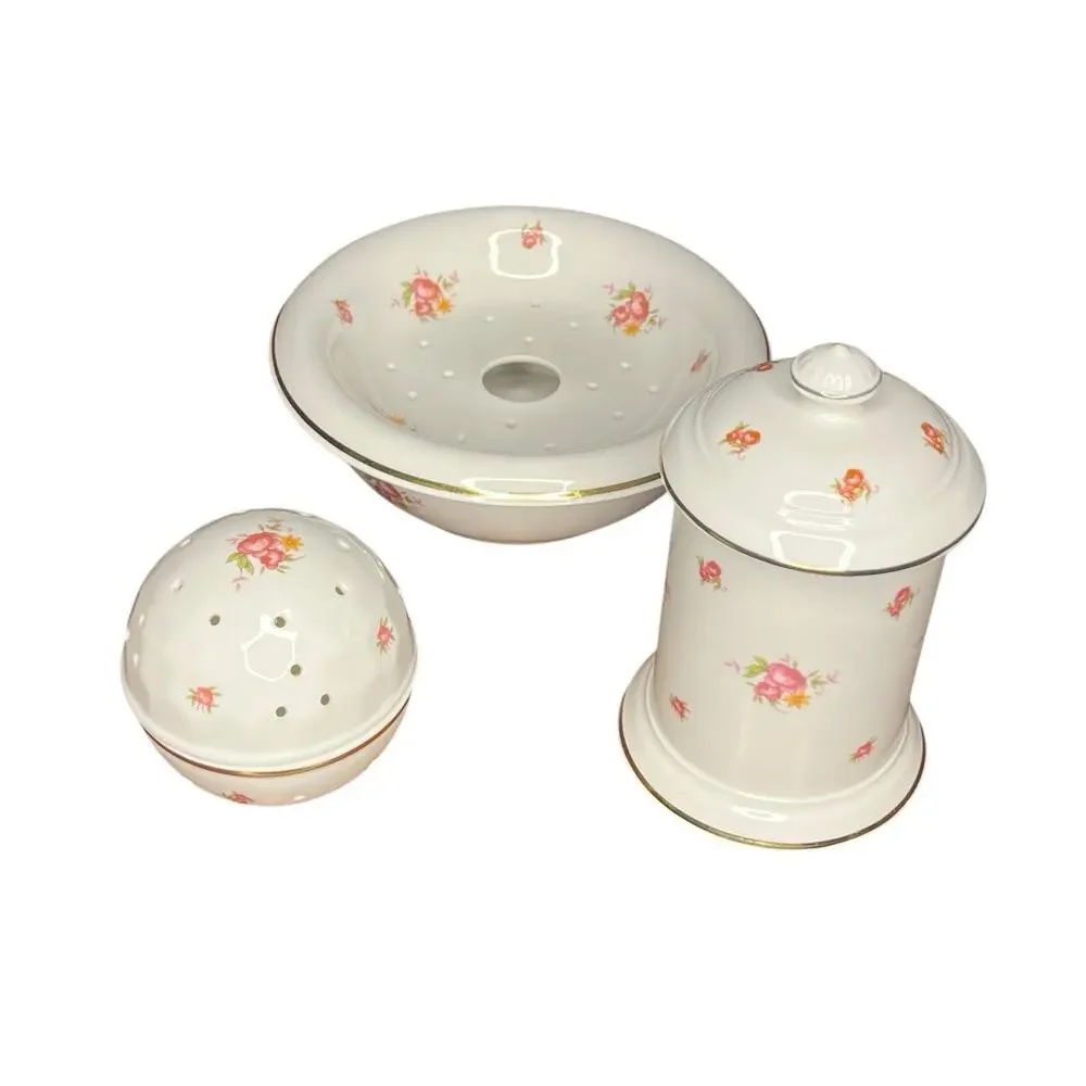 Laura Ashley Parfums Fine Bone China 3 Piece Bathroom Set Soap Dish Jar Floral